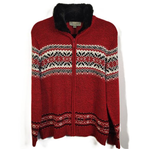 Vtg CAROLYN TAYLOR Cardigan Sweater Large Women's Red Knit Full Zip Faux Fur - Picture 1 of 6